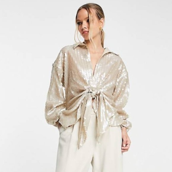 River Island Champagne Gold Sequin Tie Front Blouse - Picture 2 of 5